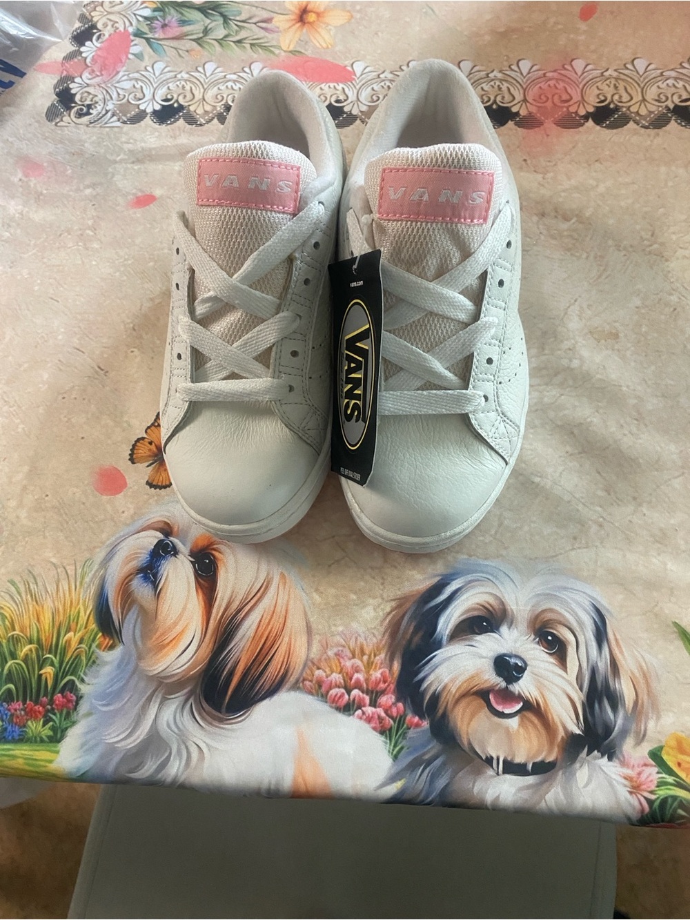 Vans Kids White Sneakers with Pink Tongue Detail